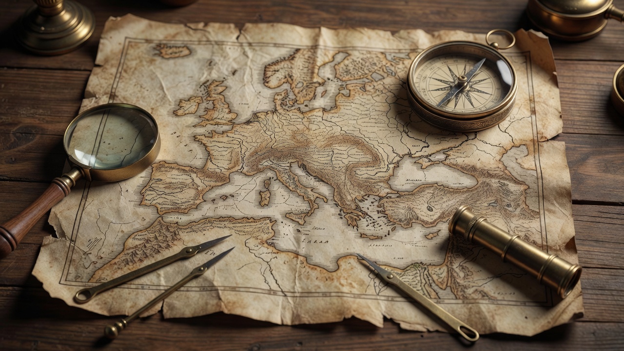 Ancient Map Visual UI with Parchment and Compass