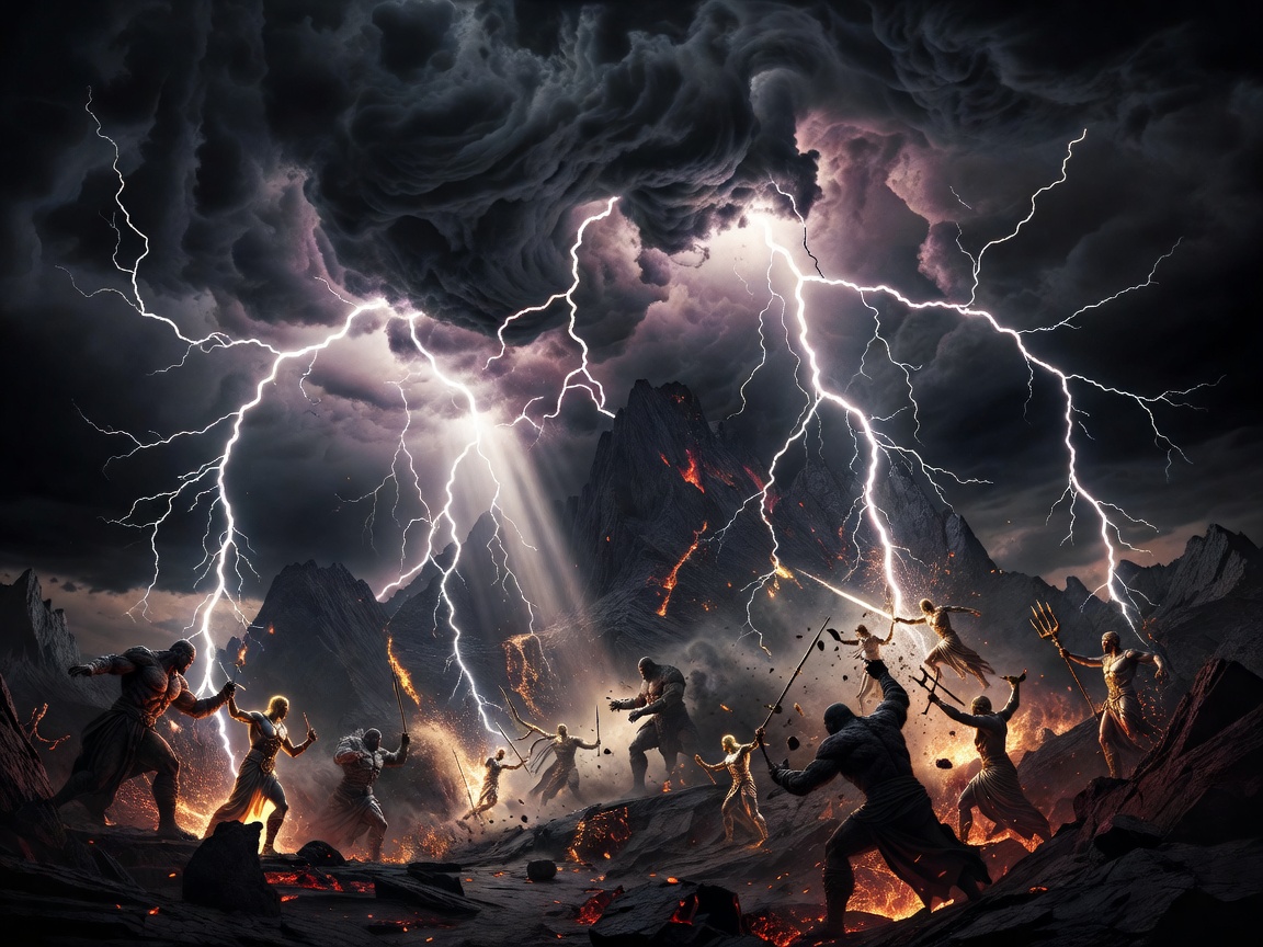 Dramatic Sky and Lightning Visualizing Titanomachy