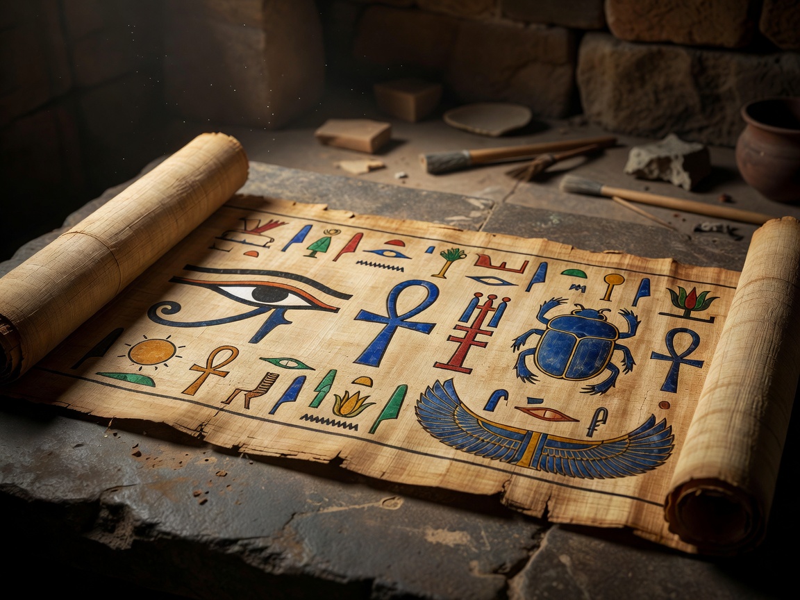 Egyptian Papyrus Scroll Artwork with Sacred Symbols